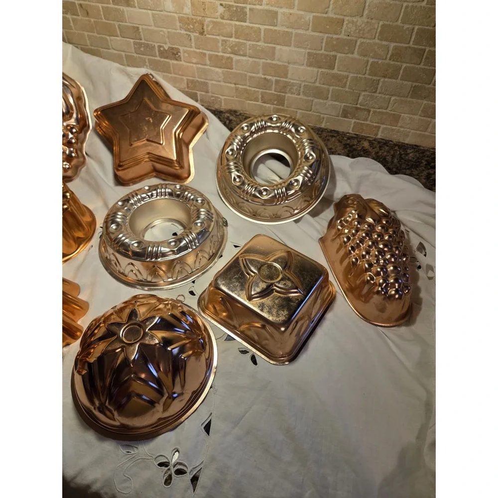 Assorted Aluminum Cake Pan Mold Lot, Mixed Shapes, Gold Copper Silver